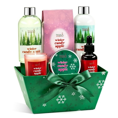 Winter Candy Apple Spa Gift Set for Women and Men Includes Shower Gel Body Lotion Bath Salts Body Scrub Body Oil Candle Relaxing Self-Care Kit