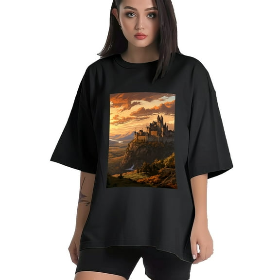 Plus Size Shirt for Women Black Tops for Women Short Sleeves Shirt for Women Castle (90） T Shirt Crewneck Shirt for Women XS