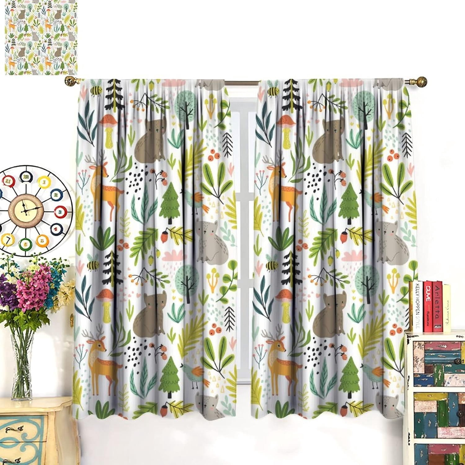 Kids Colorful Animals Curtains Cute Cartoon Forest with Wildlife Art Print for Kids Bedroom Nursery Decor Rod Pocket Blackout Window Drapes 2 Panels 52x84in