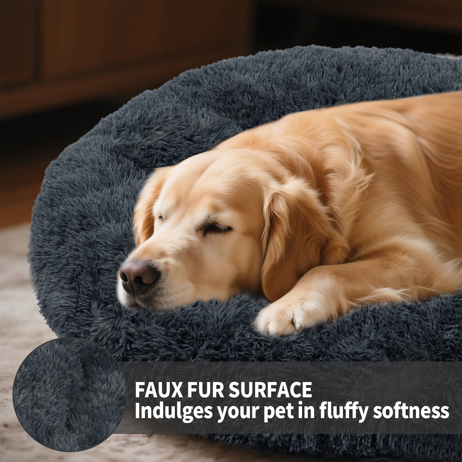 Katieovy Dog Bed for Large Dogs,Fluffy Calming Donut Dog Beds,28 inch Washable Plush Round Dog Mat with Non-Slip Bottom,Dark Gray