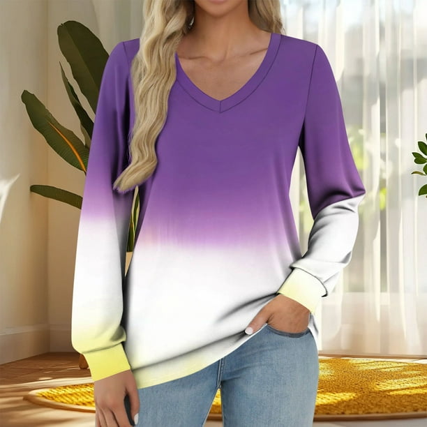 Heisall Womens Tops V-Neck Long Sleeve Loose Casual T-Shirts Gradient Color Fashion Blouse