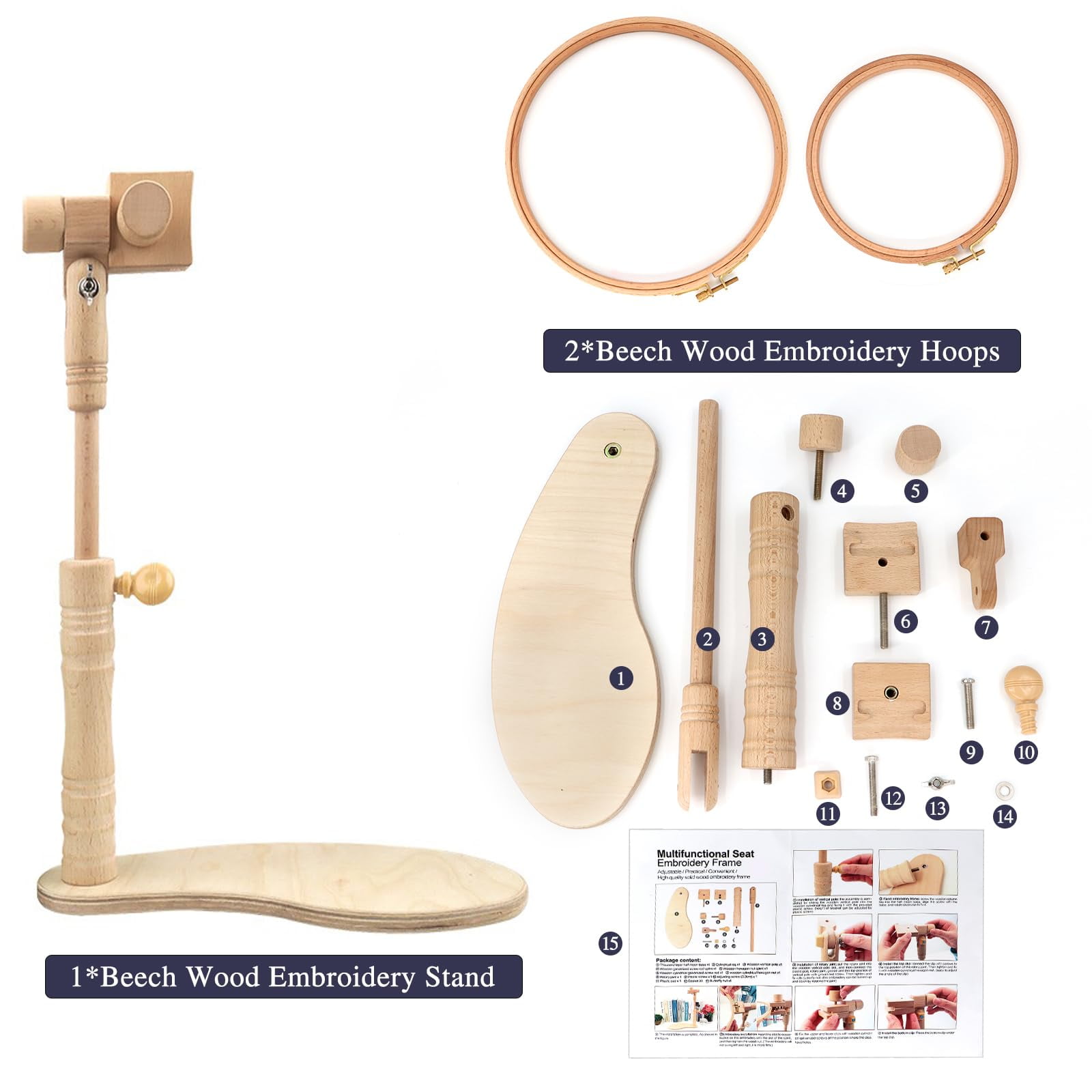 SPOKKI Beech Wood Embroidery Stand with 6 & 8 Inch Hoops, Adjustable Height & 360° Rotatable Cross Stitch Frame, Lap Stand for Hand Embroidery, Needlework Craft (Sturdy & Portable