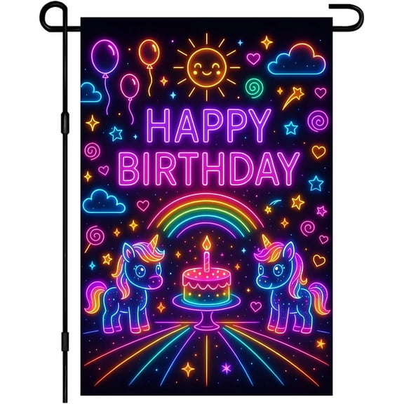 Happy Birthday Garden Flag 12x18 Inch Unicorns Rainbow Cake Outdoor Decorative Flags Double Sided Party Welcome Flag for Yard Home Porch Patio Lawn Decorations