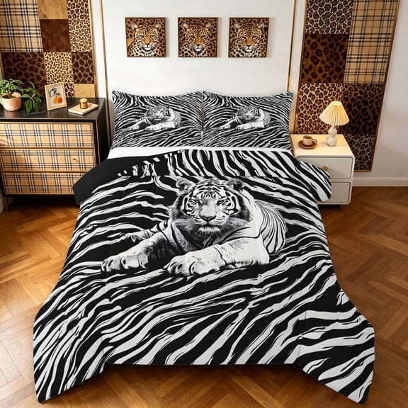 Manfei Graffiti Tiger Full Size Comforter Sets, Abstract Zebra Print Bedding Comforter Set, White Gray, Black Reversible, 3pcs, 1 Comforter and 2 Pillowcases