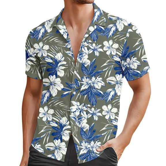 Zylarhe Men T Shirts European Beach Men Trendy Comfortable Loose Sports Foreign Trade Business Casual Collar Button Open Shirt Short Sleeve Shirt Print Long Sleeve