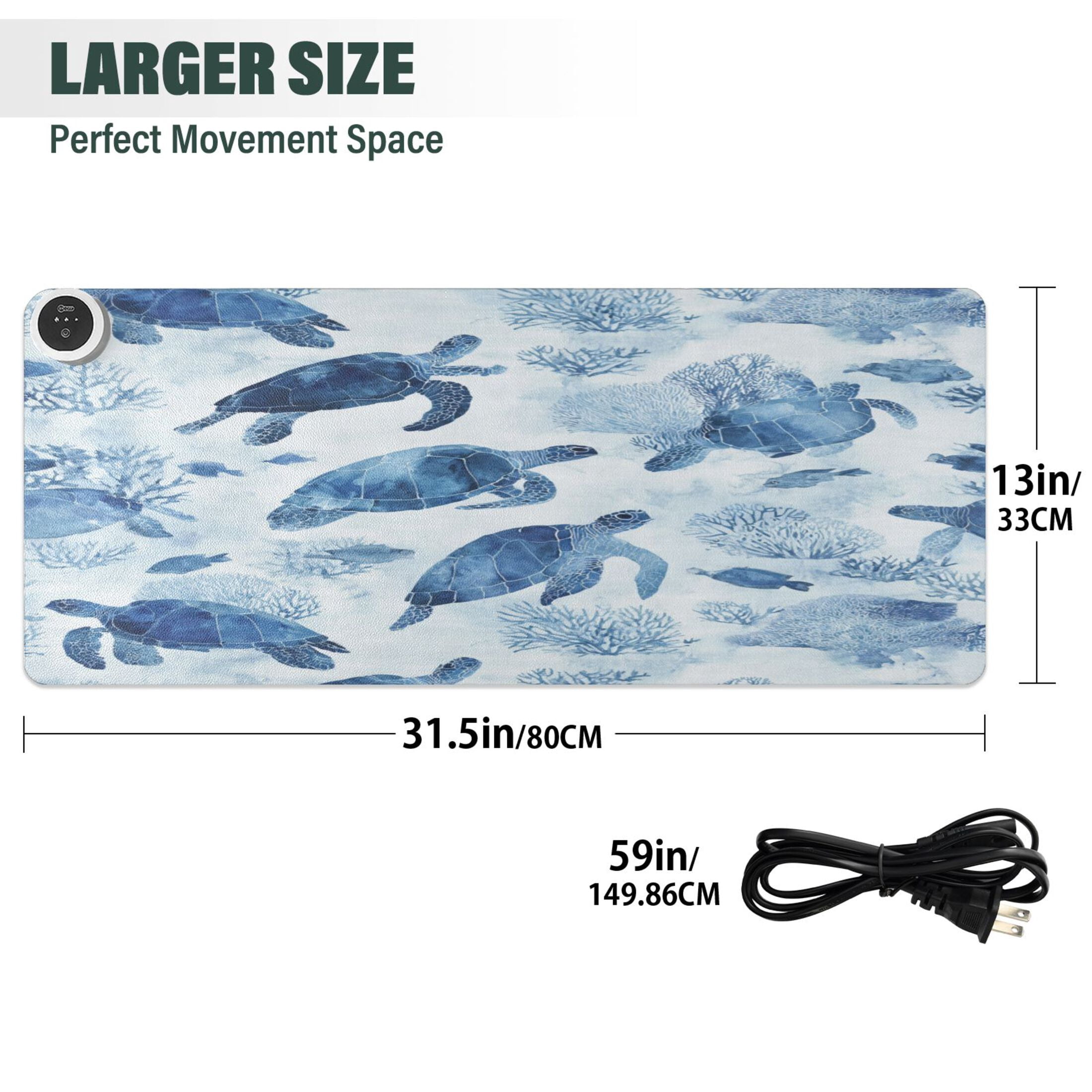 Large Heated Desk Mat Mouse Pad 31.5"x13"PU Leather Graphene Heating Desk Warmer with 3 Temperature Settings 110V US Plug Non-Slip Warm Pad for Home, Office, and Gaming Sea Turtles and Fish Swimming