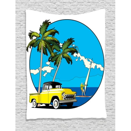 - 1960S Decor Wall Hanging Tapestry, Graphic Design Of Nostalgic Chevy Car And A Sailer Guy In The Ocean Palms Bright Sky Seaside, Bedroom Living Room Dorm Accessories, By Ambesonne