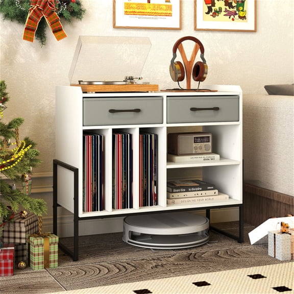 Record Player Stand with Charging Station, Adjustable Shelf & Folding Drawers Vinyl Storage Cabinet-White