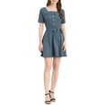 thumbnail image 2 of INSPIRE CHIC Women's Square Neck Button Decor Short Sleeves Tie Waist Mini Dress M Grey Blue, 2 of 7