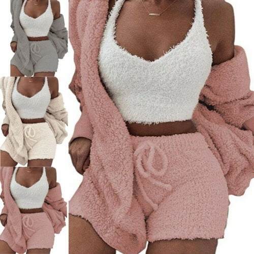 Womens Winter Warm Fluffy 2Pcs Pajamas 