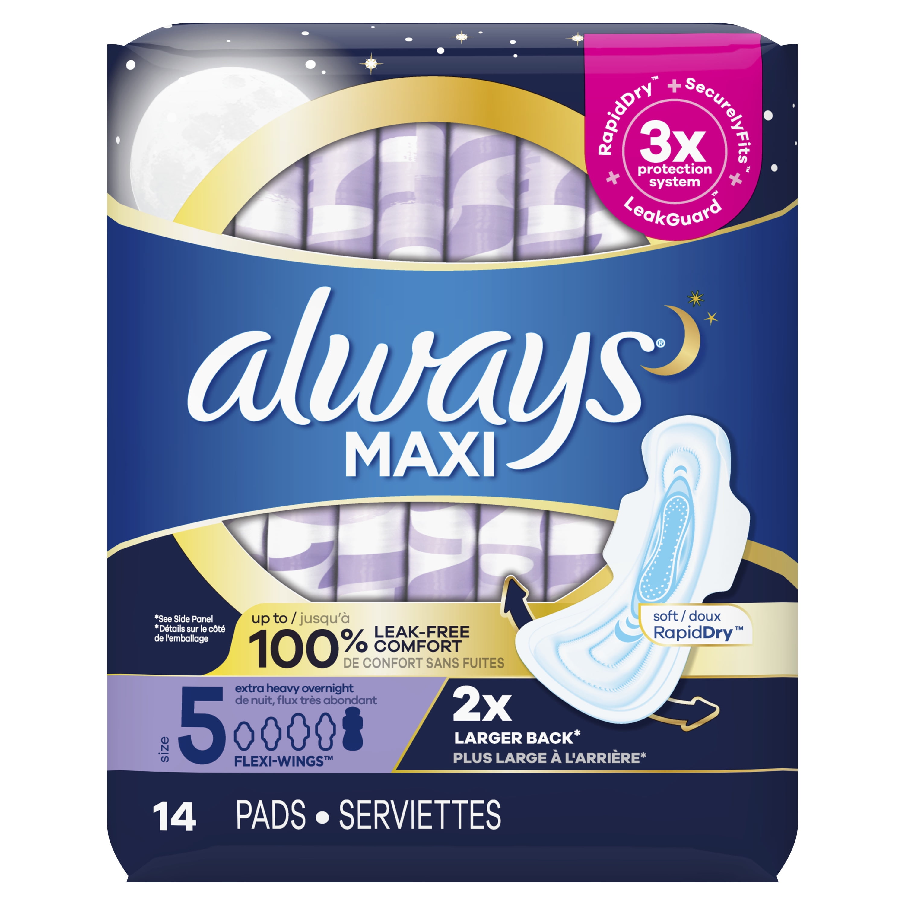 Always Maxi Pads with Wings, Size 5, Extra Heavy Overnight Absorbency, 36 CT  