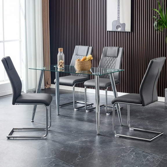 Noble House Modern Upholstered Dining Chairs, Faux Leather Padded Seat Side Chair, Silver Metal Legs, Gray, Set of 8