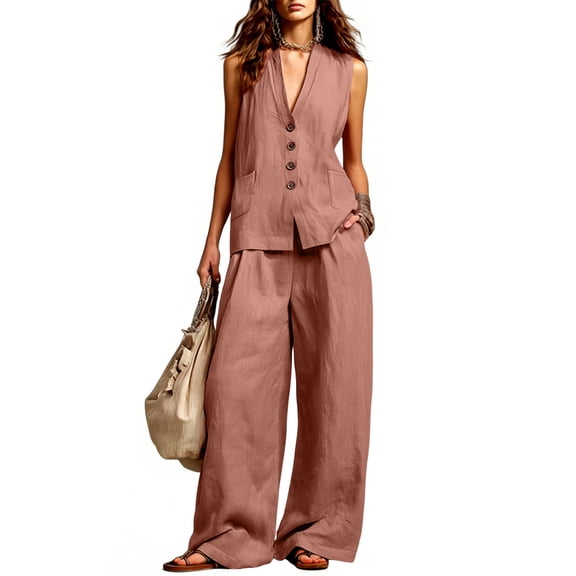 Floleo Women Solid Two Piece Outfit V Neck Sleeveless Button Vest Top High Waist Faux Linen Wide Leg Pants Summer Matching Set