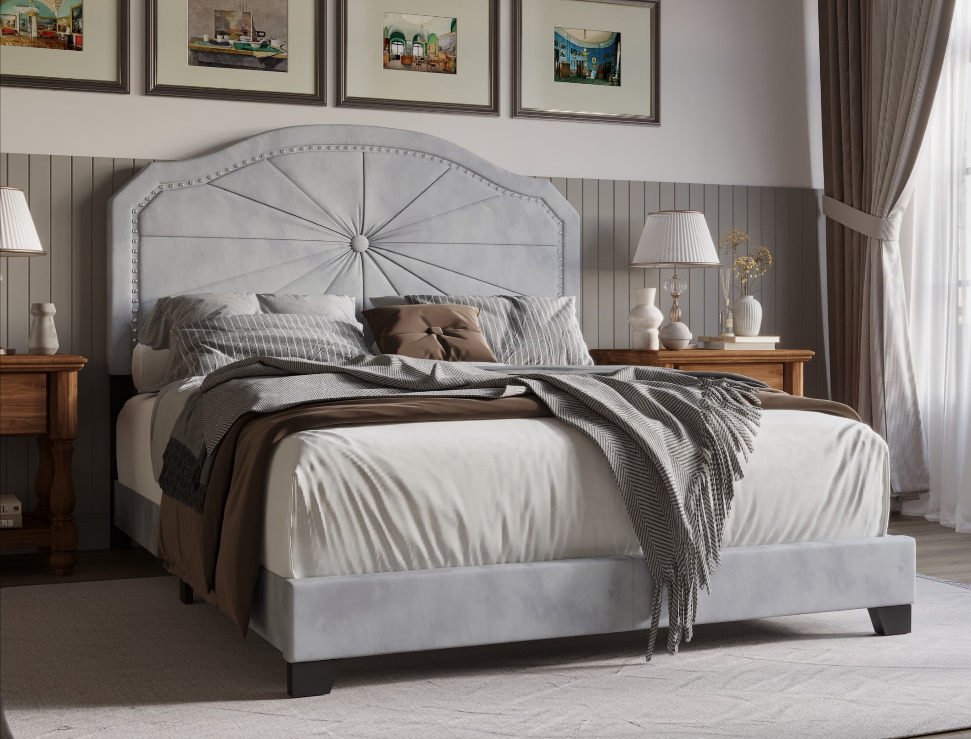 Home Design Norris Full Tufted Upholstered Panel Bed Frame with Button Tufting and Nailhead Trim, Silver Gray, Easy Assembly