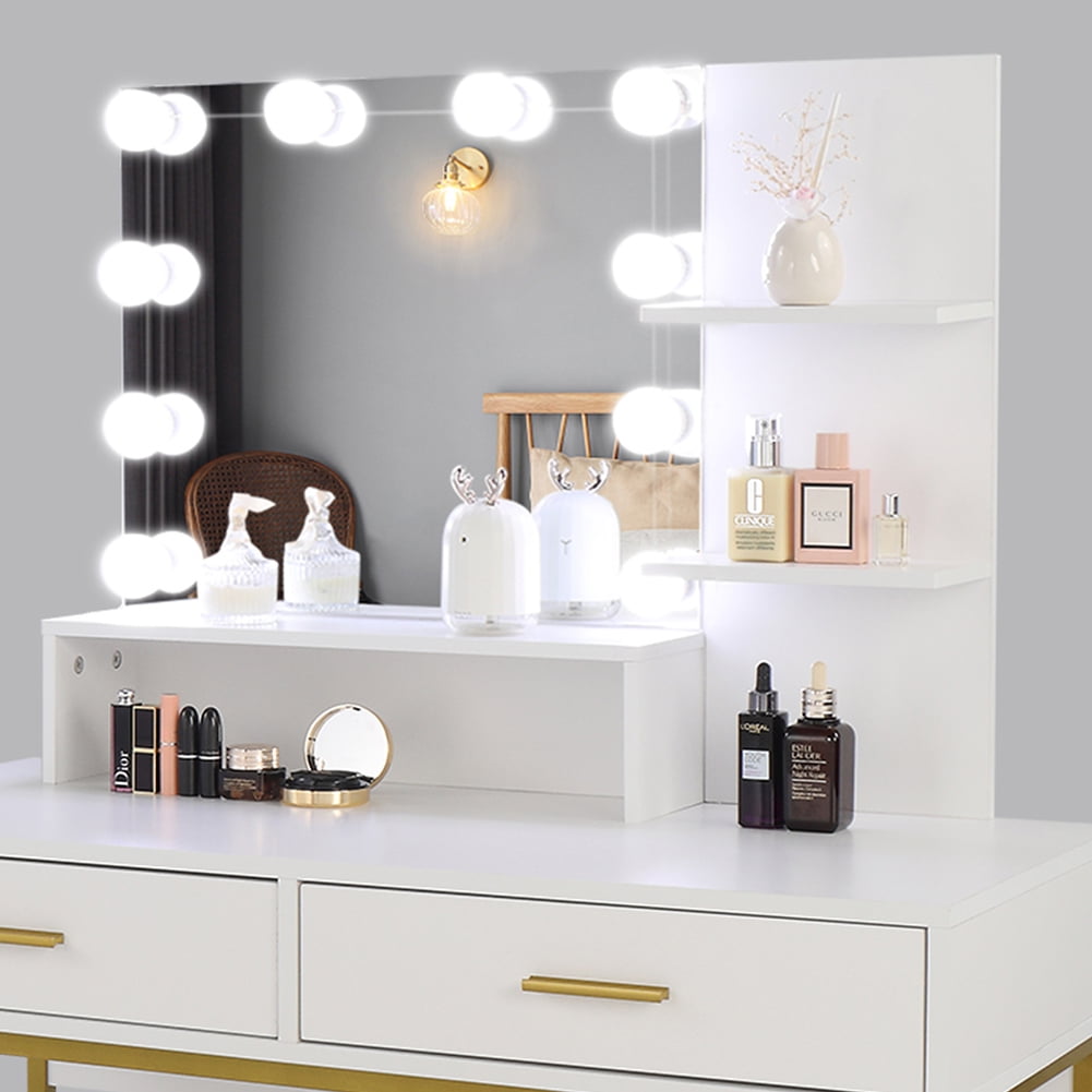 Kepooman Vanity Makeup Set, Upholstered Stool Vanity Set with 10 LED Bulbs, 3 Storage Shelves & 2 Drawers for Bedroom, White Kepooman Vanity Makeup Set, Upholstered Stool Vanity Set with 10 LED Bulbs, 3 Storage Shelves & 2 Drawers for Bedroom, White