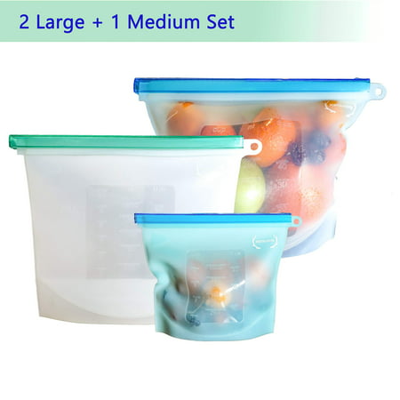 Reusable Silicone Food Storage Bags - Airtight Zip Seal Preservation Containers for Baby Food, Sandwich, Snack, Lunch, Fruit, Cooking Utensils, Sous Vide, Freezer, FDA Grade (3, 1-Medium 2-Large)