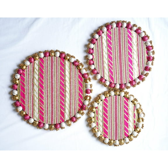 Rangoli Tray Decor - Festive Hand-crafted three piece set. Ideal for placing Pooja Thali, Diwali Decor, Housewarming gift