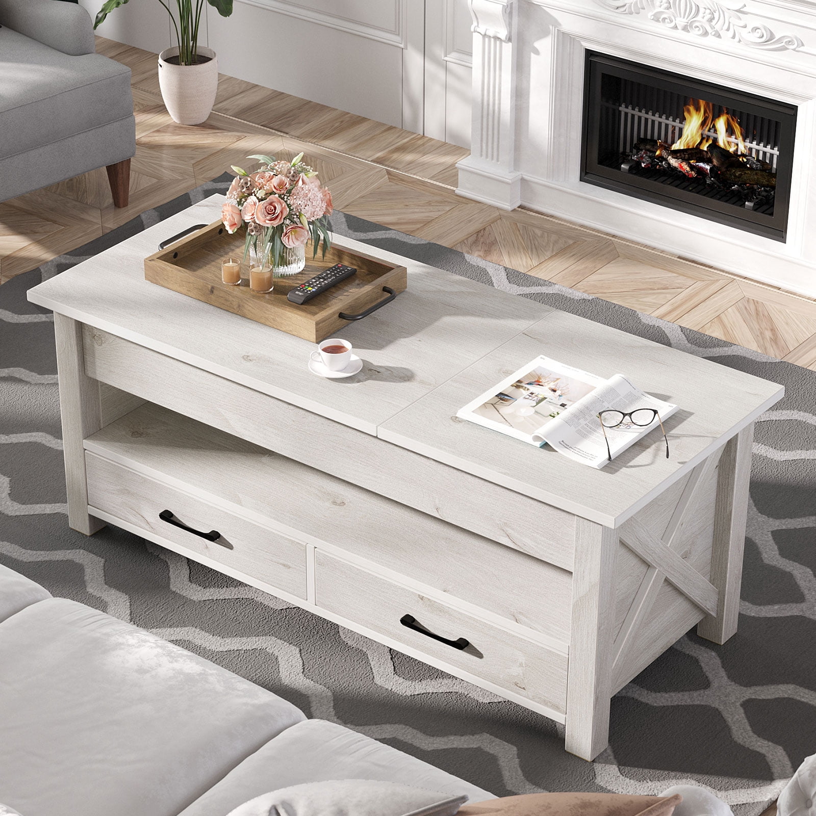 Greenstell Lift Top Coffee Table 47.2"with Drawers and Hidden Compartment,Gray
