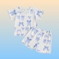 thumbnail image 2 of HVOBTTY Toddler Kid's Summer Casual Bow Print Crew Neck Short Sleeve Top and Ruffled Shorts Trendy Top 2 Piece Outfit Suits Blue,3-4 Years, 2 of 5