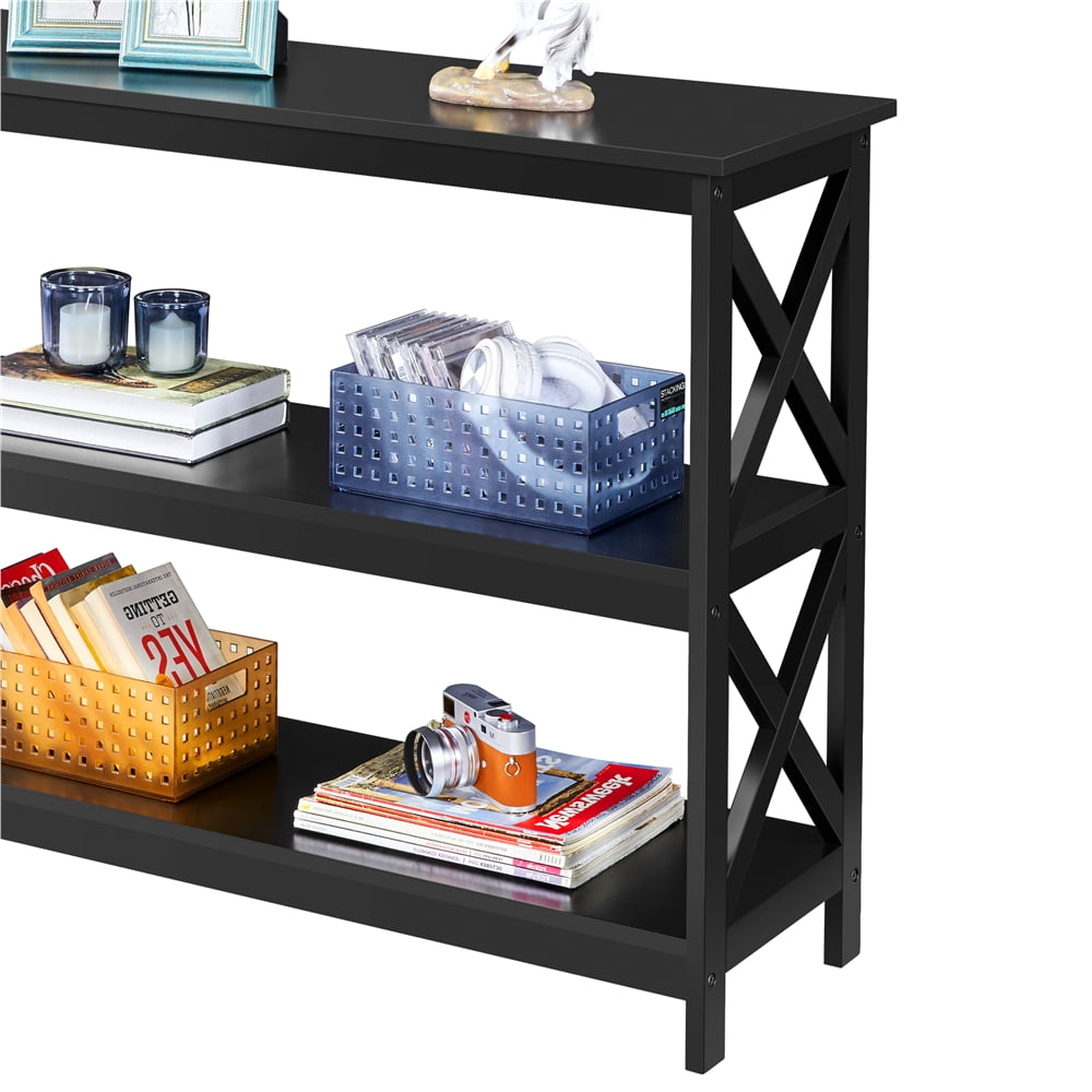 Renwick 3-Tier Wooden X-Design Console Table with Storage Shelves for Living Room, Black