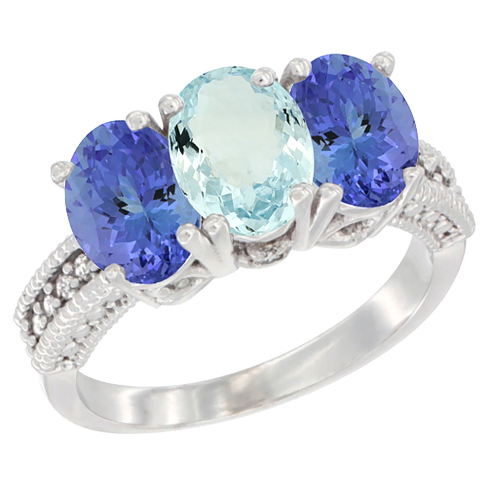 10K White Gold Diamond Natural Aquamarine & Tanzanite Ring 3-Stone 7x5 mm Oval, sizes 5 10 by WorldJewels