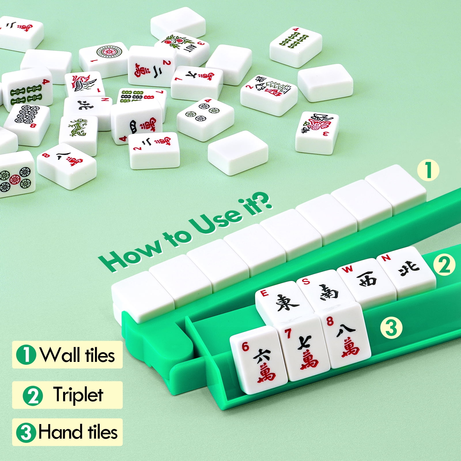 4-in-1 Green Acrylic Mahjong Tile Rack with Built-in Pusher for American Mahjong​