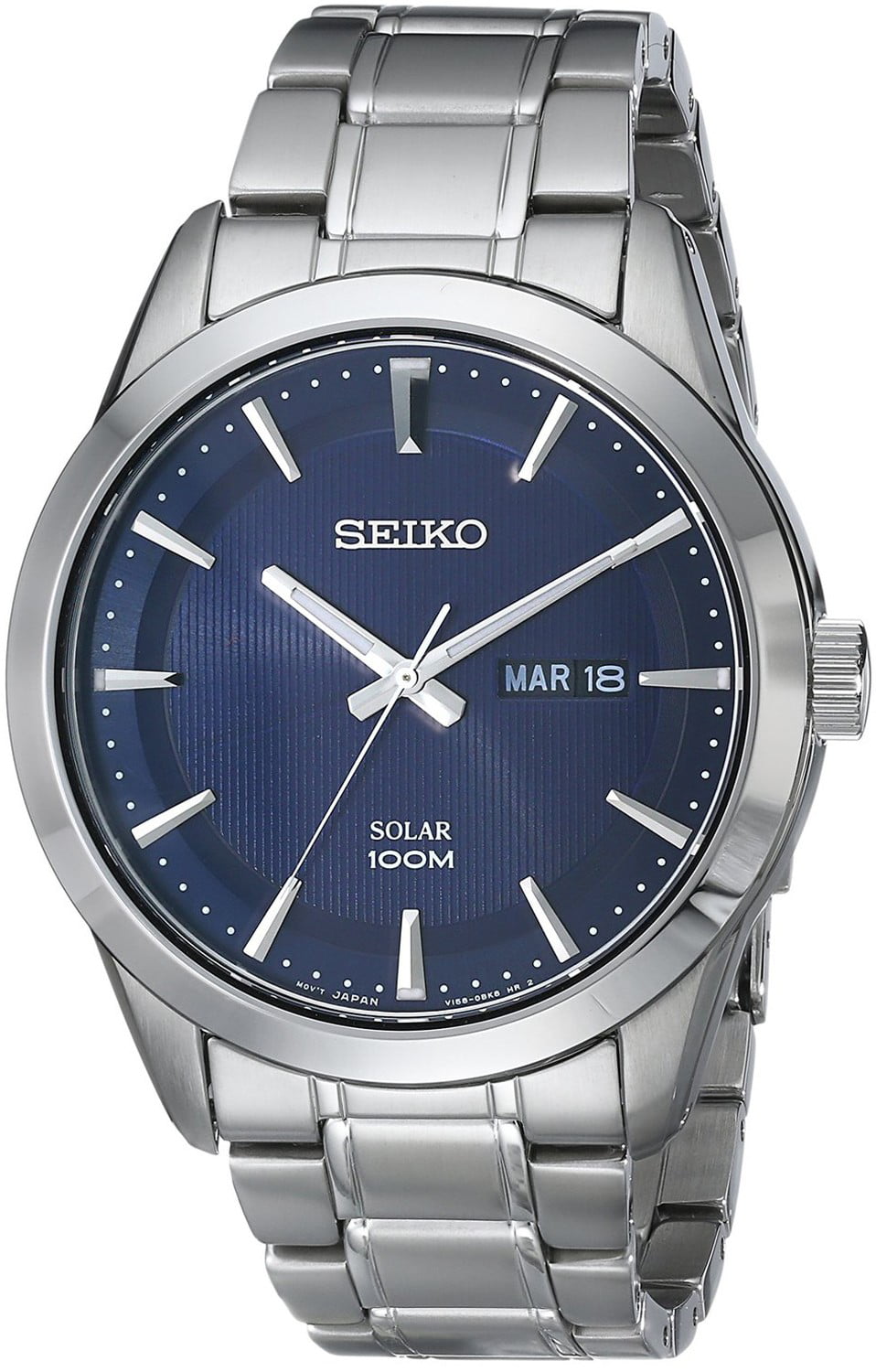 Seiko Men's Silvertone Black Dial Solar Calendar Watch 