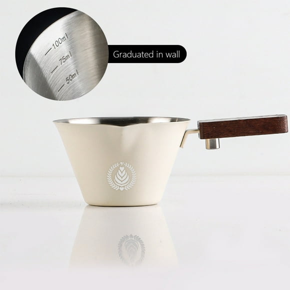Taza Medidora Italiana | Vaso de Chupito de Café con Mango de Madera | Taza de Extracción con Marcas de Onzas | Vaso Medidor de Acero Inoxidable | Acero Inoxidable Blanco 13 X 7,7 X 4,7 Cm 80 G