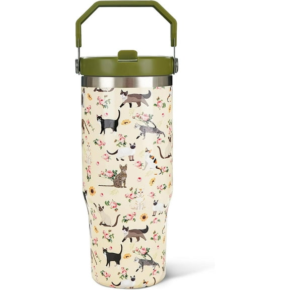 30oz Floral Cat Tumbler with Handle and Straw, Stainless Steel Vacuum Insulated Coffee Tumbler, Travel Mug Water Bottle, Cute Cat Stuff Gifts for Women