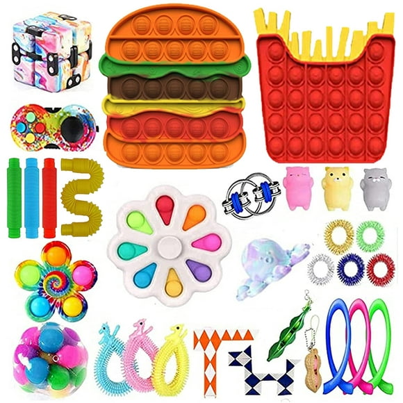 30pcs Fidget Packs Anti-Anxiety Tools, Pop-in-It Fidget Block Set Stress Relief Toys for Adults, Cheap Sensory Fidget Toy Pack with Marble Mesh Anxiety Tube Fidgetet Packs (E3)
