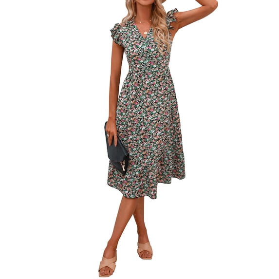 Listenwind Women's Fly Sleeve Floral Dress V Neck Vintage Flower Print Slimming Casual A-Lined Summer Mid-length Dress