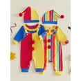 thumbnail image 3 of RUINIXCW Baby Boy Halloween Clown Adorable Long Sleeve Clown Face Print Tops and Striped Suspender Pants Hat Set, 3 of 7