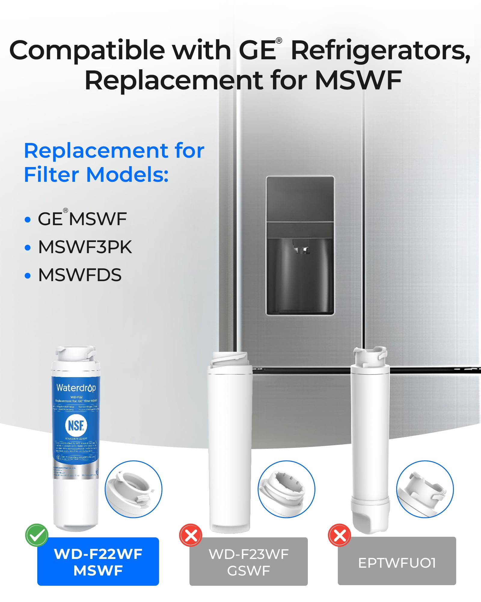 2 Pack Waterdrop MSWF Replacement for GE® MSWF 101820A Refrigerator Water Filter