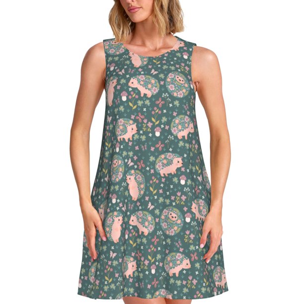 Easygdp Hedgehogs and Flowers para Vestido Transpirable de Mujer, Vestido Suelto de Manga Corta con Pliegues y Bolsillos para el Verano