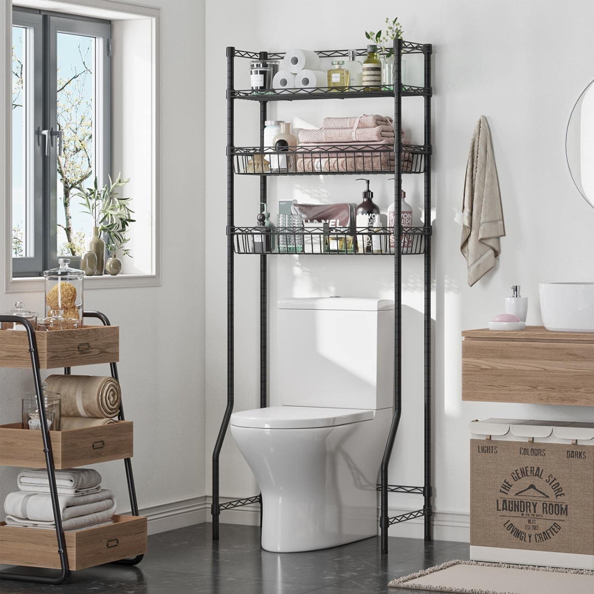 Untyo 3 Tier Over the Toilet Storage Rack Bathroom Storage Shelf Space Saver Stand Above Toilet Wire Shelves Sturdy Metal Bathroom Organizer Shelf with Adjustable Shelves and Baskets