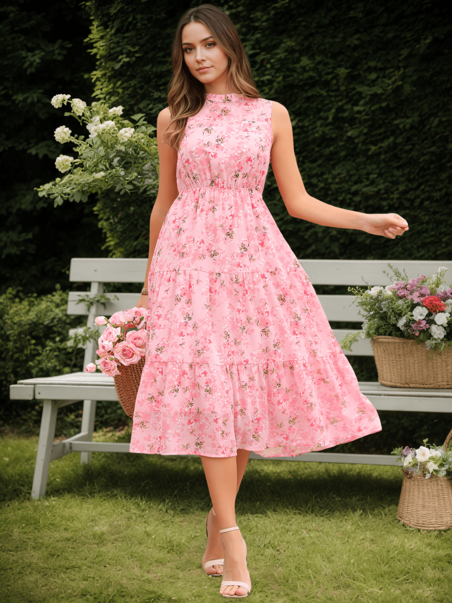 DARING DIVA Women's Floral Mock Neck Tiered Flowy Midi Dress S Pink