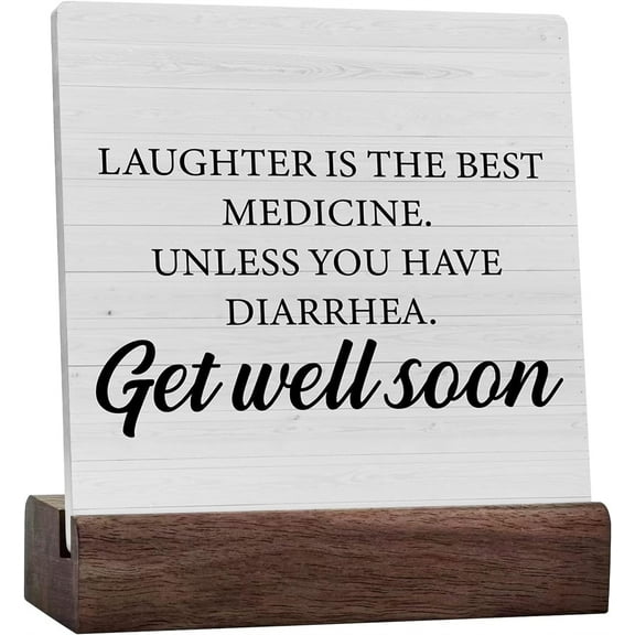 Ceramic Sign 4x4 Inch Funny Get Well Soon Ceramic Plaque Sign Laughter Is The Best Medicine Desk Decorative Wooden Sign Therapy Office Decor For Desk Table Shelf Gift For Women Men