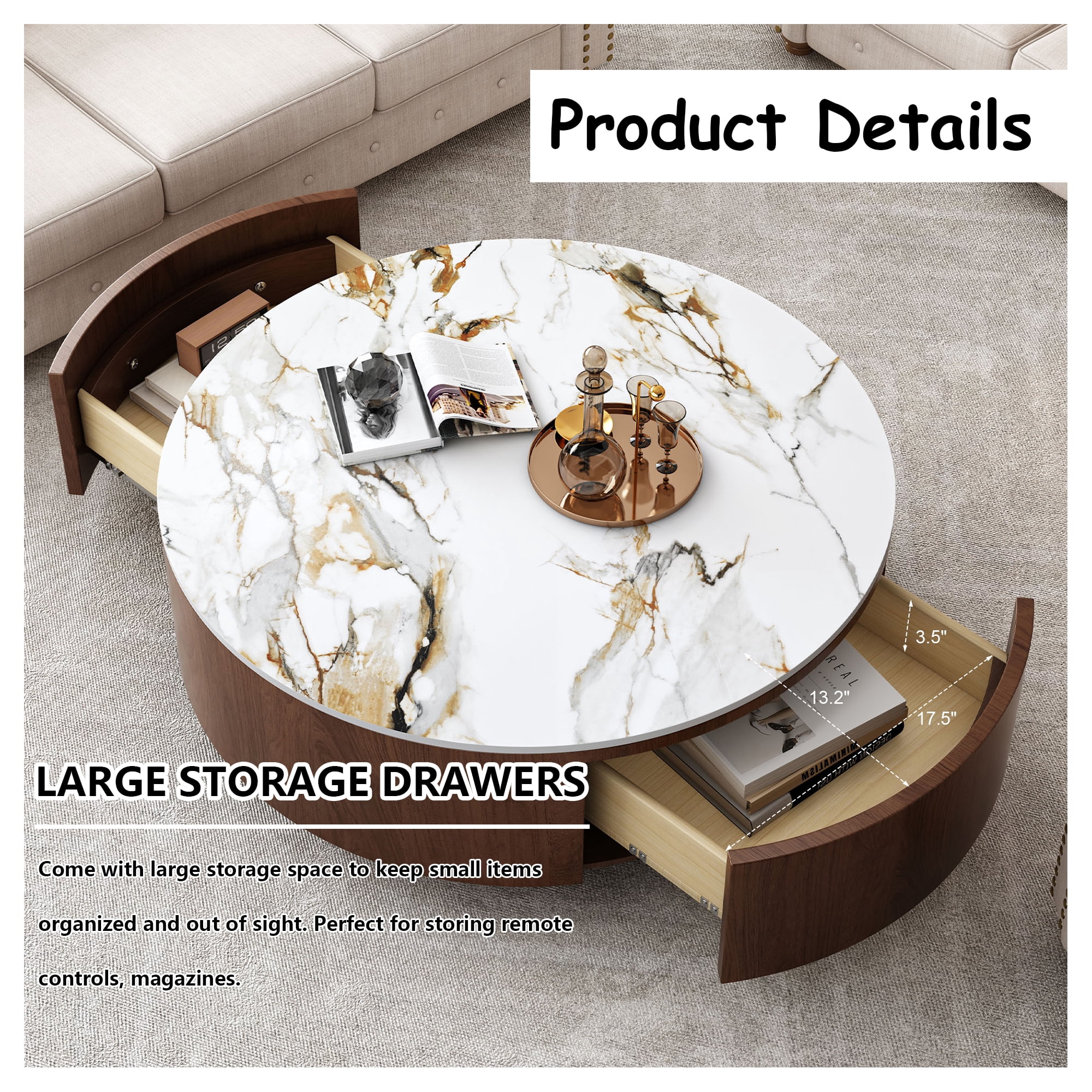 MDQMD 35" Round Faux Marble Coffee Table with 2 Silent-Close Drawers & Stainless Steel Legs - Modern Walnut Storage Center Table for Living Room, White Luxury Sturdy Design