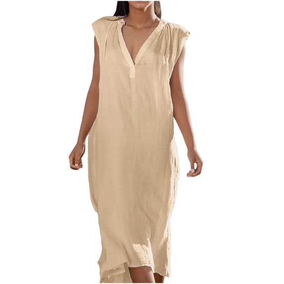 Sngxgn Women's Summer Bodycon Casual Midi Sleeveless Hollow Out Knit Side Slit Striped Long Tank Dress(Beige,L)