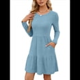 thumbnail image 3 of Vestido Corto Informal de Otoño de Larga para Mujer, de Punto Acanalado, Cuello Redondo, Fluido, Corte A, con Bolsillos Azul S, 3 of 8