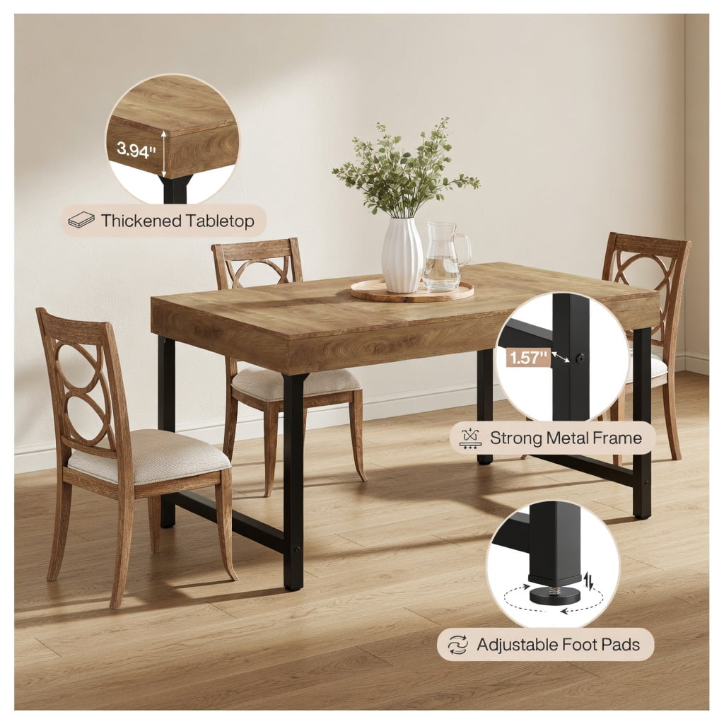 Hommoo Farmhouse Dining Table 55 Inch Rectangular Kitchen Table for 4-6 People, with Metal Legs, Sturdy MDF Top, Easy Assembly, Rustic Brown