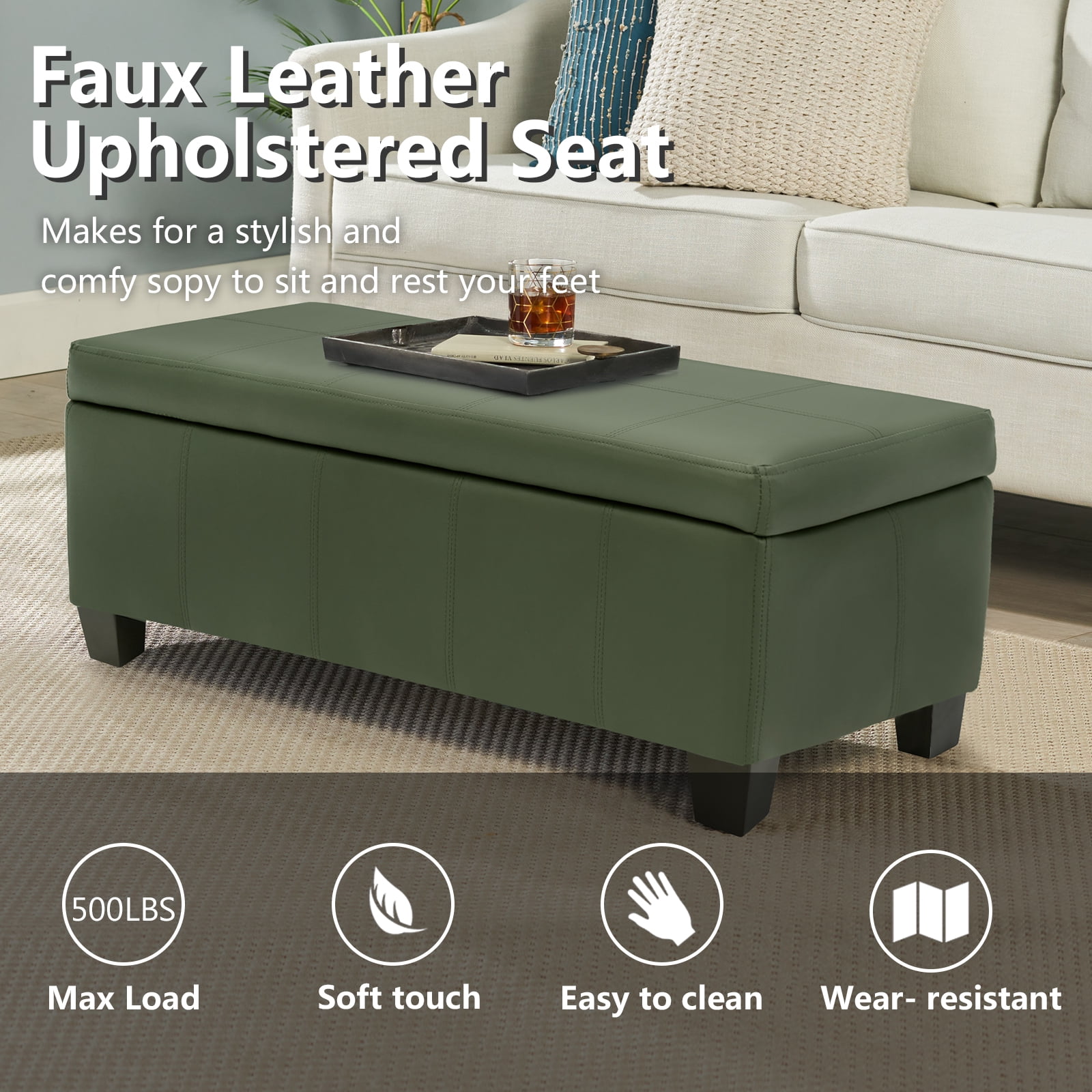 Foredo Rectangle Ottoman with Storage, Modern Faux Leather Bench with Solid Wood Legs, Ottoman for Living Room, Bedroom and Entryway, Green