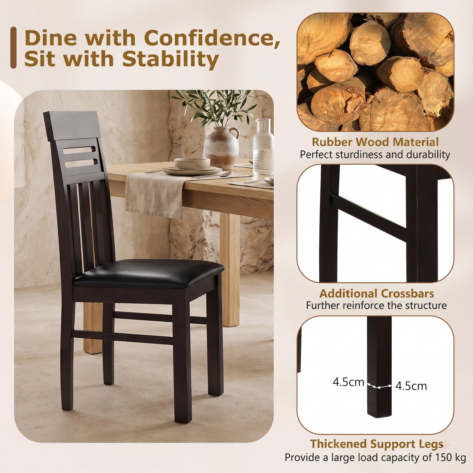 Furnibear Dining Chairs Set of 2, High Back Upholstered Kitchen Chairs with Rubber Wood Legs, PU Leather & Faux Linen Padded Dining Room Chairs, 330 lbs Capacity, Brown