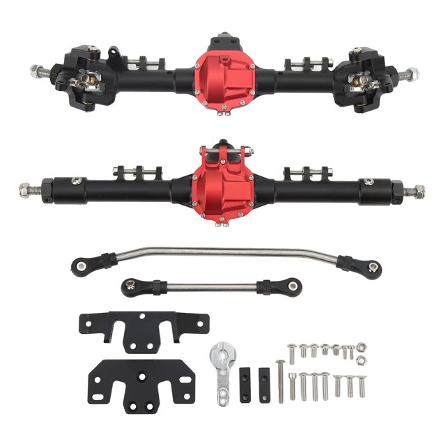 Juego de eje delantero y trasero de metal RC Eje de coche RC integrado de dirección grande para Axial SCX10 II 90046 90047 D90 D1101/10 Coche trepador de control remoto Negro Rojo