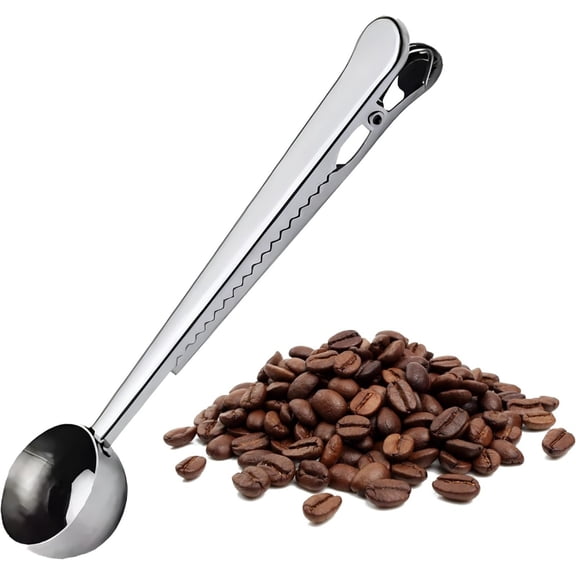 Coziro Stainless Steel Coffee Measuring Scoop with Bag Sealing Clip, 2-in-1 Durable Kitchen Tool for Ground Coffee and Beans, Silver, 1 Pack