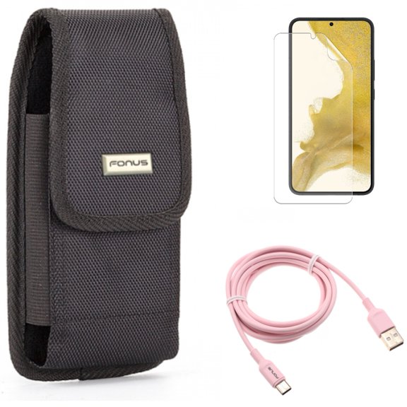 6ft USB-C Cable & Case Belt Clip & Matte Screen Protector for Samsung Galaxy S22 (6.1") - Pink Charger Cord & Swivel Holster & TPU Film Anti-Glare Accessory Bundle