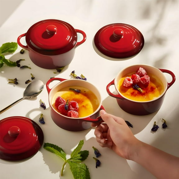 Crimson Ombre Ceramic Cocotte Set, 12 oz Individual Baking Dishes with Lids and Handles, Oven, Microwave & Dishwasher Safe