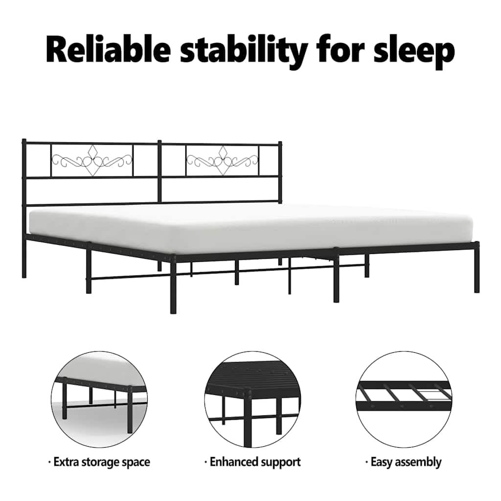 vidaXL 12" Black King Size Metal Bed Frame with Headboard No Mattress
