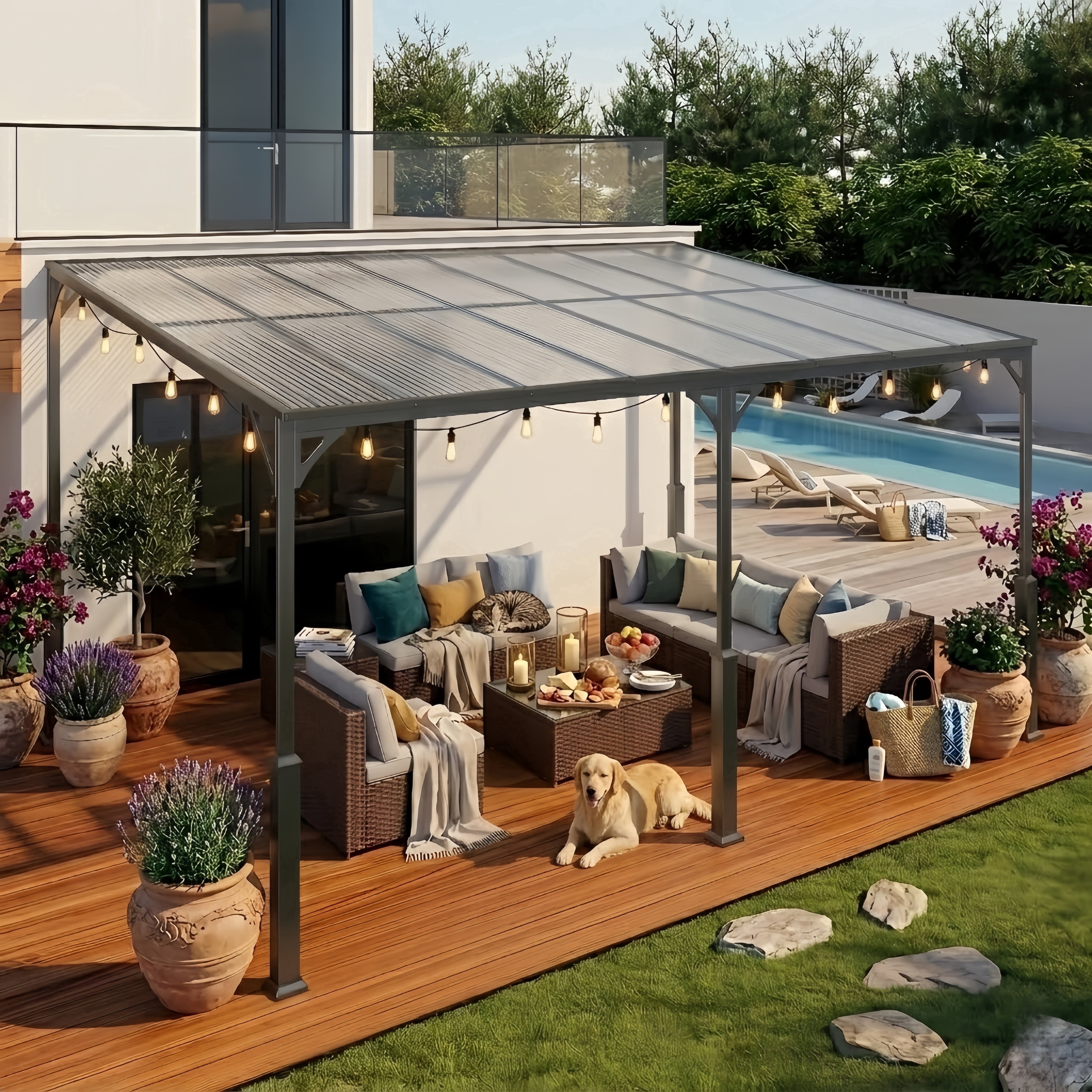 Noelse 10' x 14' Wall-Mounted Gazebo with Sloped Roof, Heavy Duty Steel Frame Patio Shelter for Backyard and Deck, Gray