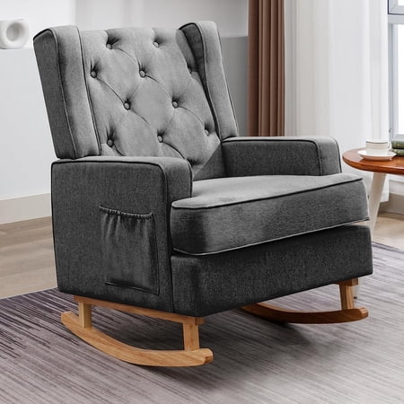 Mjkone Modern Accent Rocking Chair, Upholstered Glider Rocking Chair with High Backrest, Comfy Chair with Decorative Buttons Design, Armchair with Side Pocket for Living Room, Bedroom (Dark Grey)